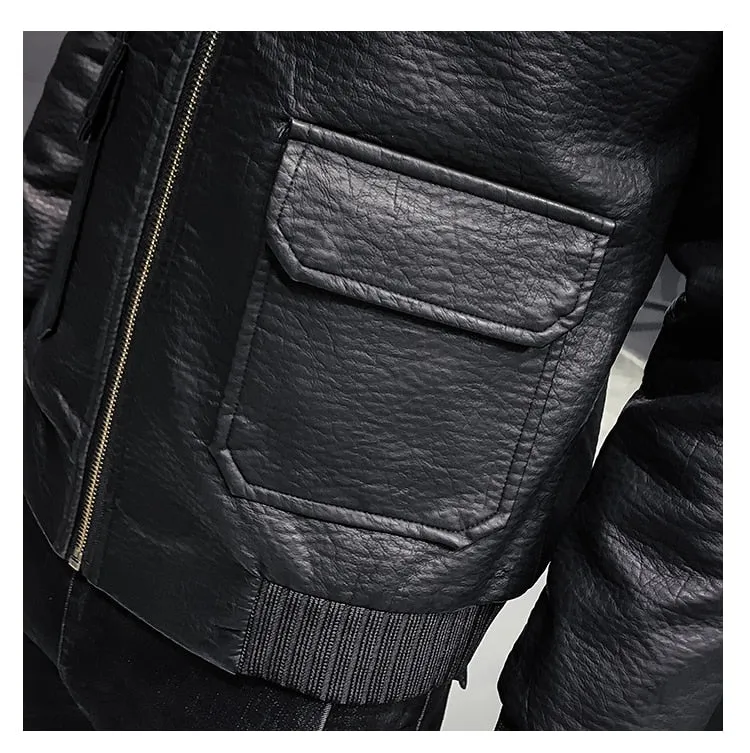 Multi Pocket Harsh Patterned Men Black Faux Leather Jacket