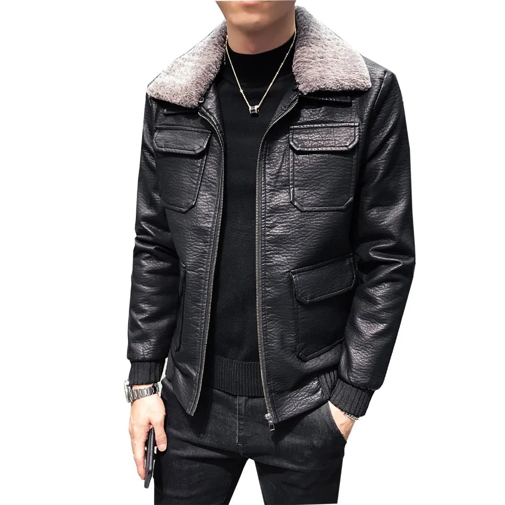 Multi Pocket Harsh Patterned Men Black Faux Leather Jacket