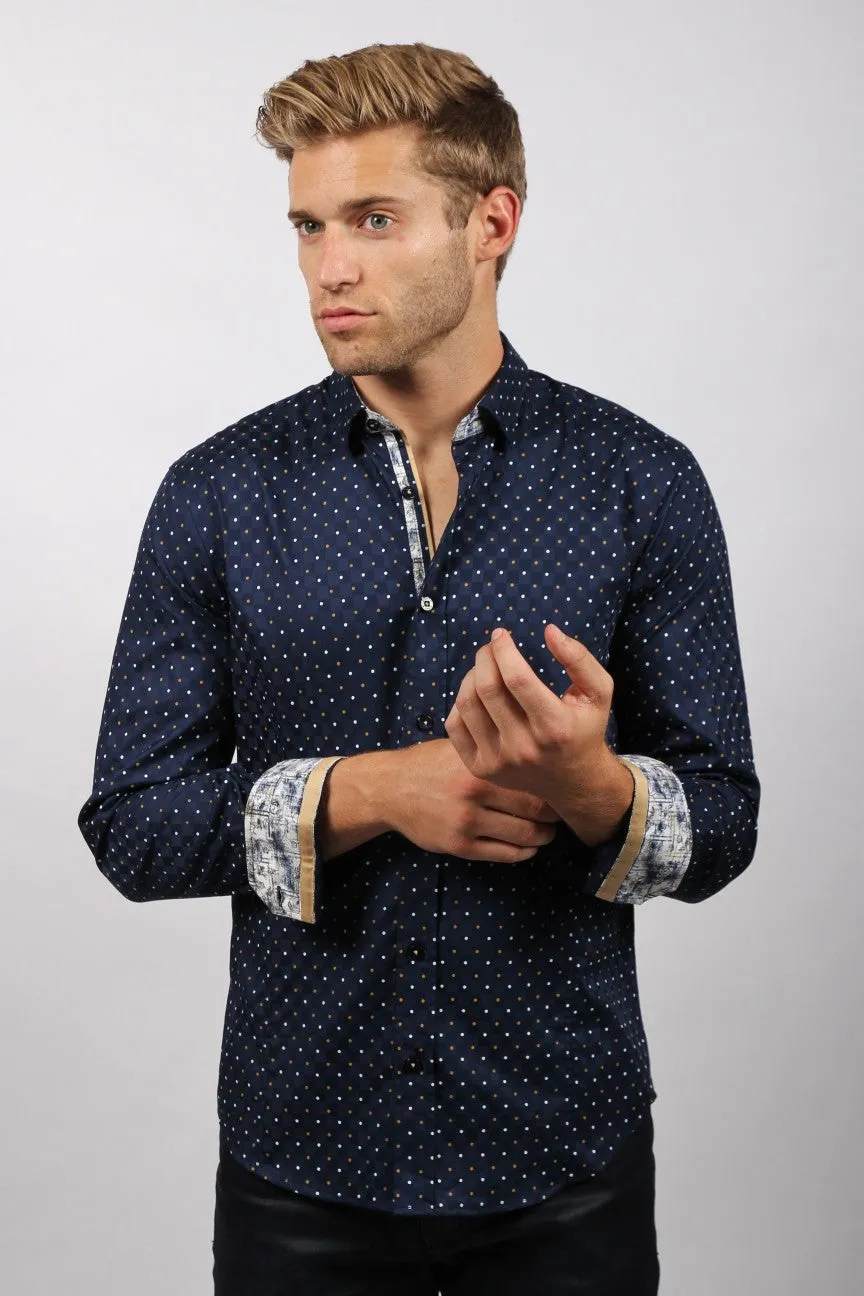 Navy Dots Button Down Print Shirt W/ Trim