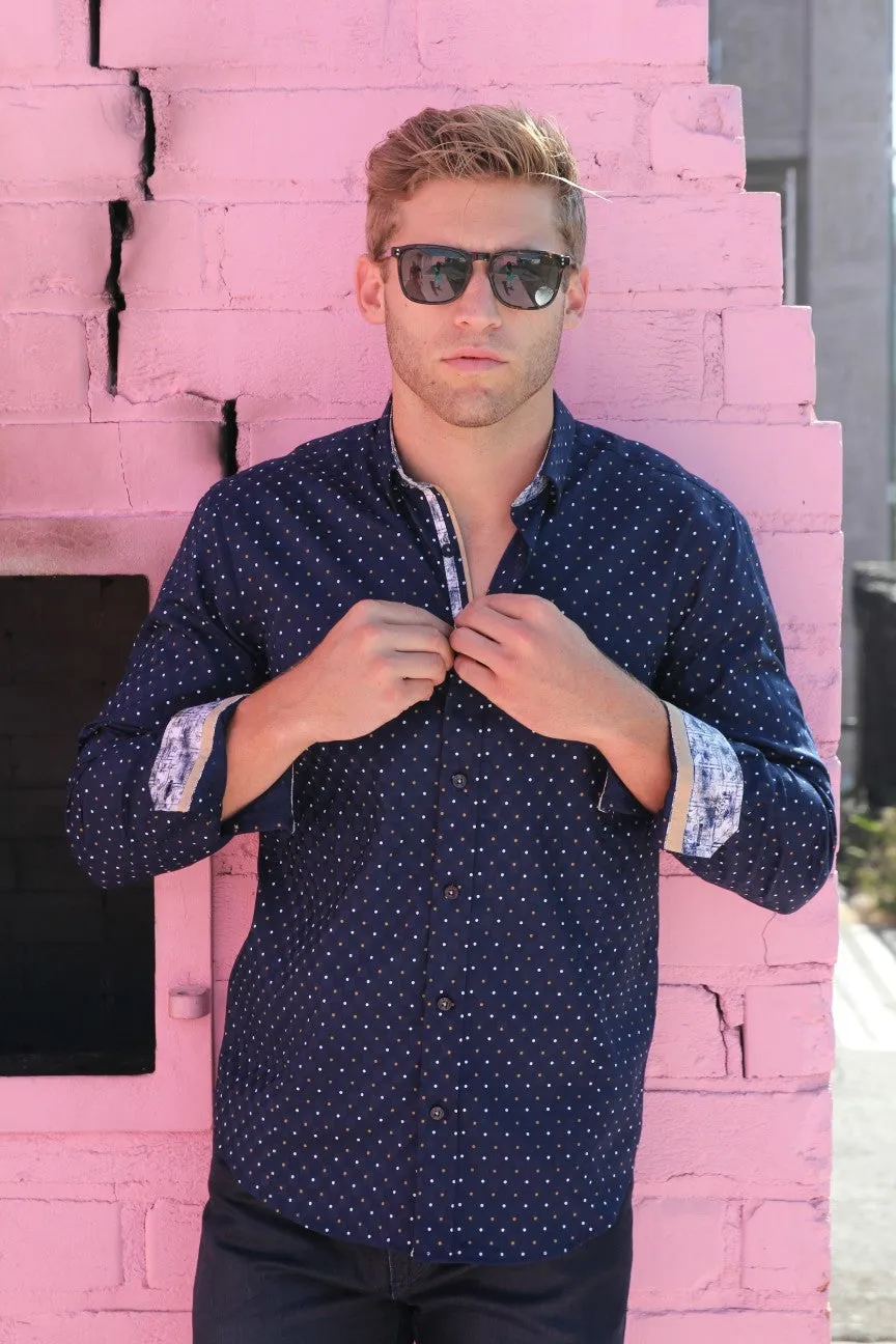 Navy Dots Button Down Print Shirt W/ Trim