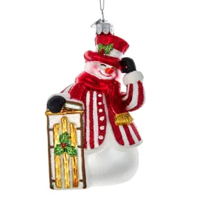 Noble Gems Pepperment Snowman with Sled Glass Ornament