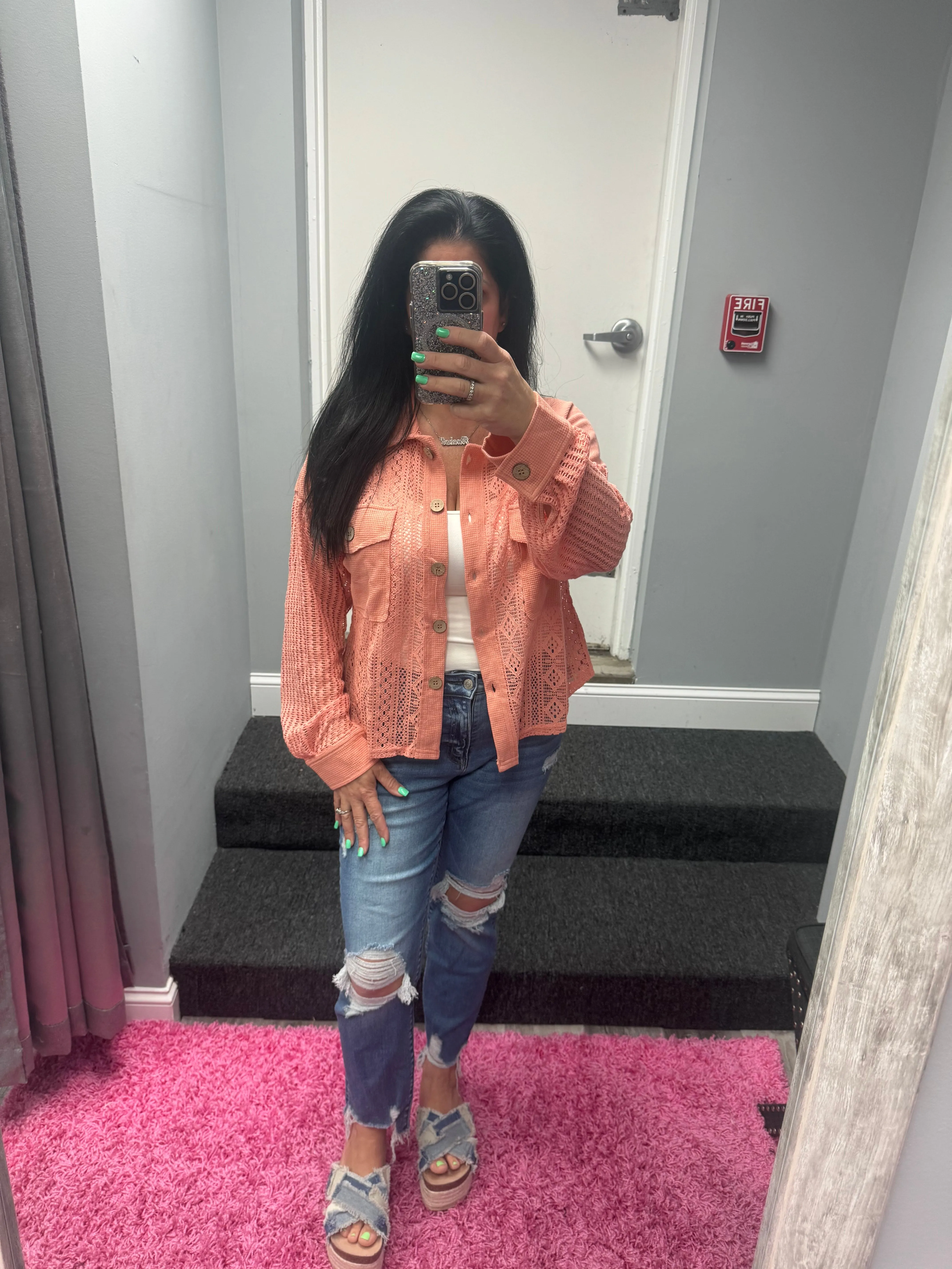 Oversized Lace Shirt Jacket Shacket - PInk or Salmon