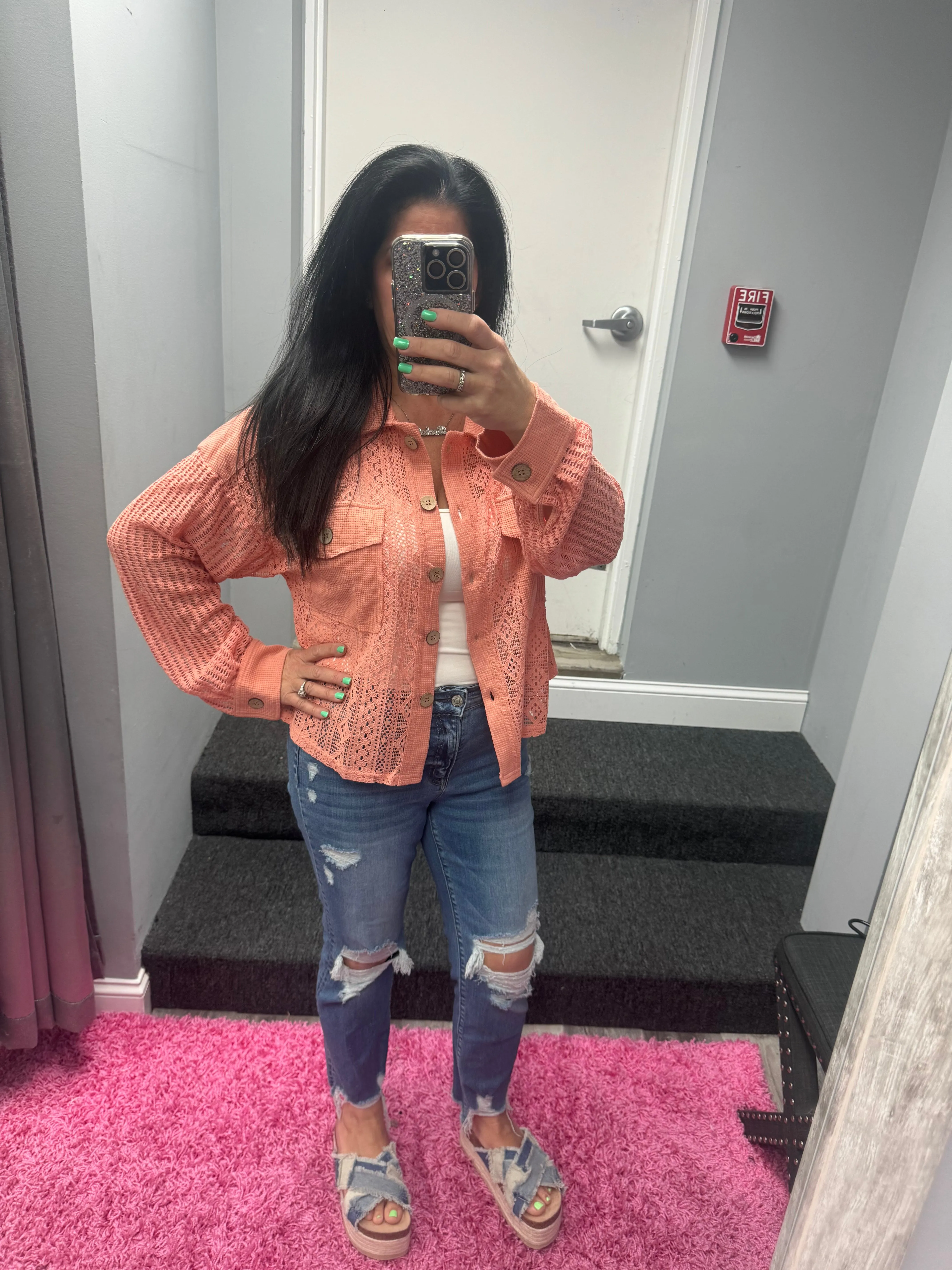 Oversized Lace Shirt Jacket Shacket - PInk or Salmon