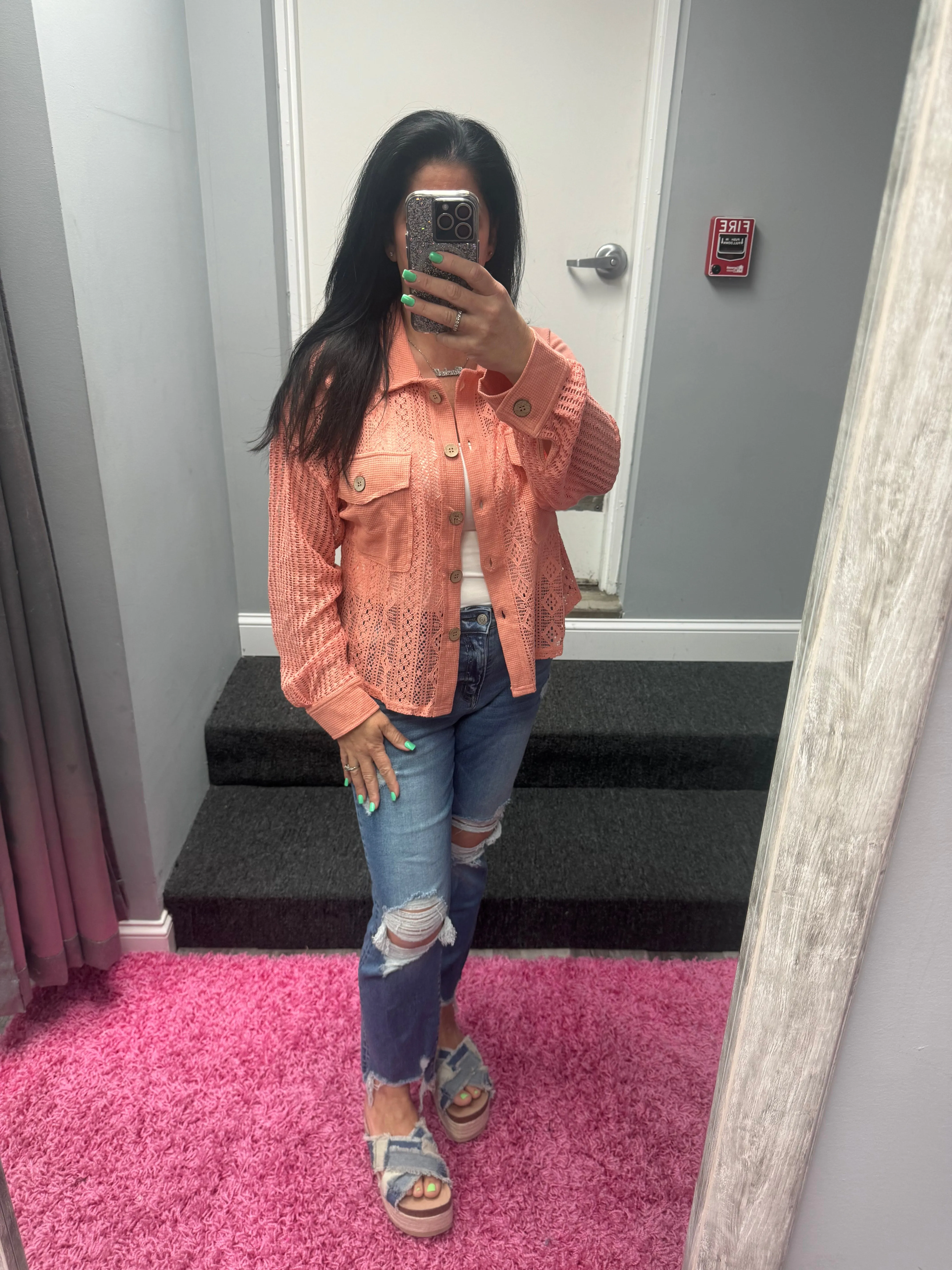 Oversized Lace Shirt Jacket Shacket - PInk or Salmon