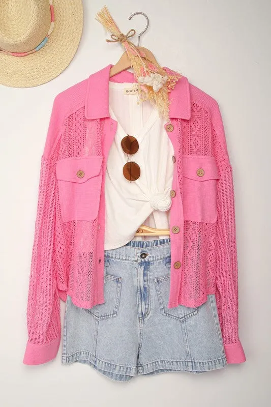 Oversized Lace Shirt Jacket Shacket - PInk or Salmon