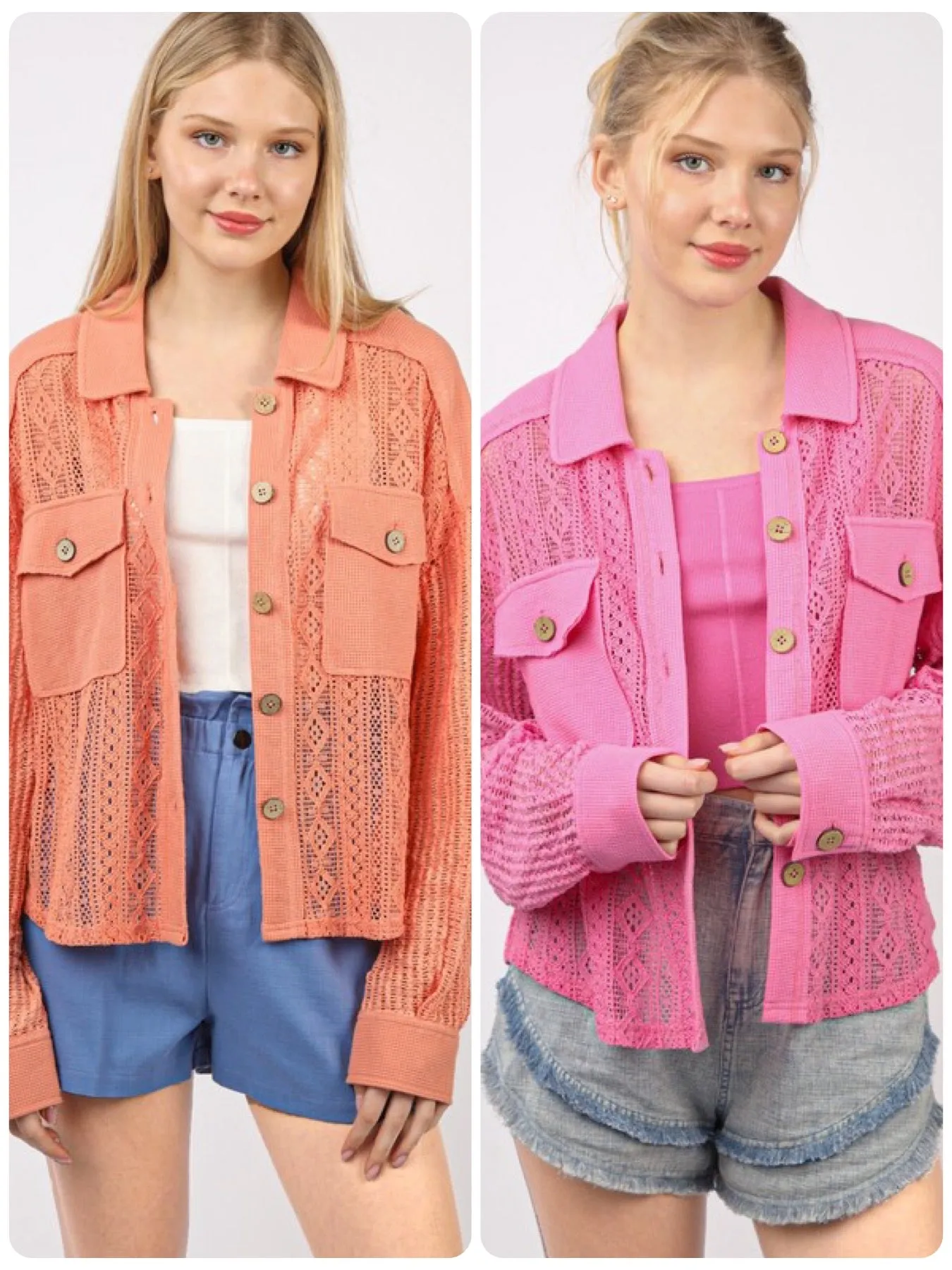 Oversized Lace Shirt Jacket Shacket - PInk or Salmon