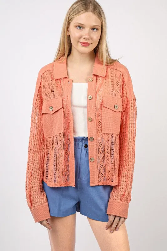 Oversized Lace Shirt Jacket Shacket - PInk or Salmon