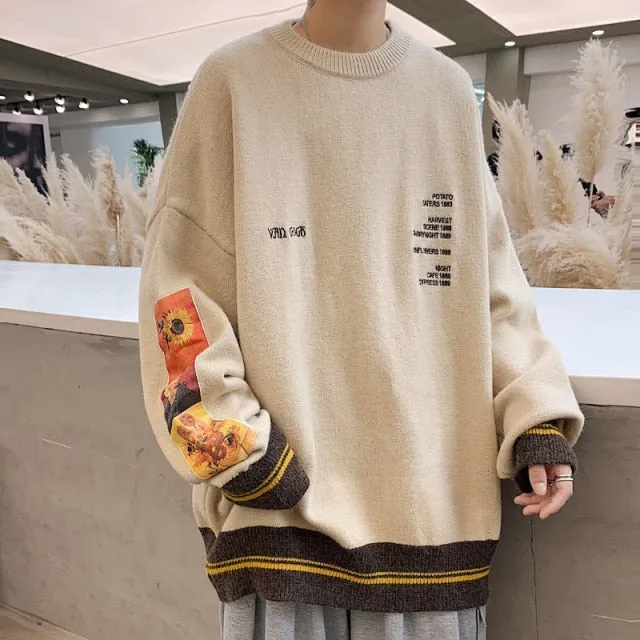 Oversized Sweater Men Pullovers Gengar Autumn Van Gogh Print Clothing Causal Harajuku Men Girl Knitted Hip Hop Sweater Pullovers