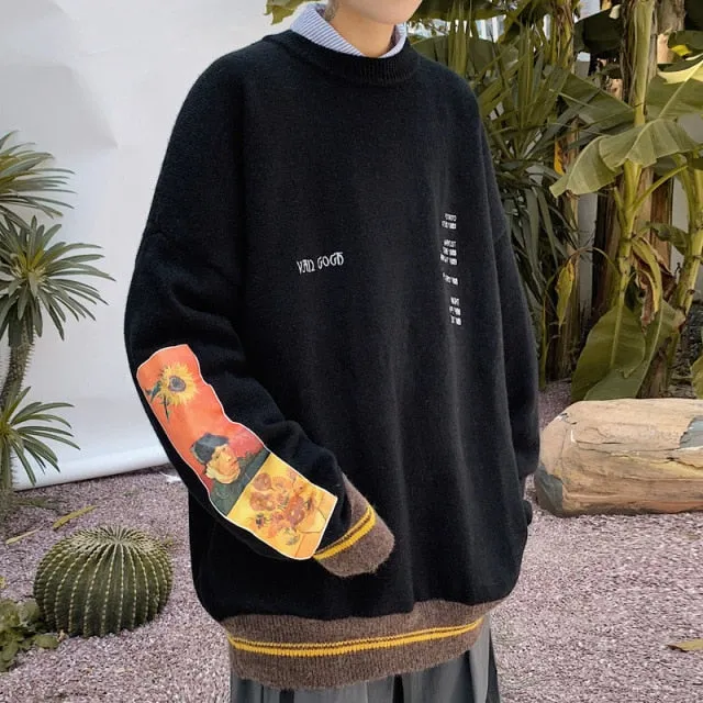 Oversized Sweater Men Pullovers Gengar Autumn Van Gogh Print Clothing Causal Harajuku Men Girl Knitted Hip Hop Sweater Pullovers