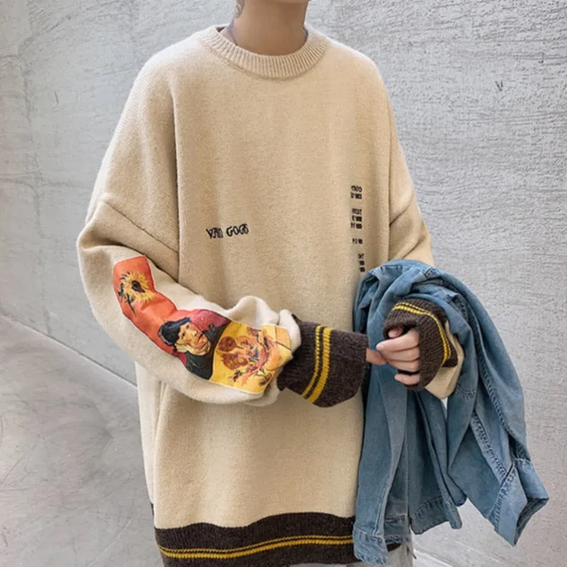 Oversized Sweater Men Pullovers Gengar Autumn Van Gogh Print Clothing Causal Harajuku Men Girl Knitted Hip Hop Sweater Pullovers