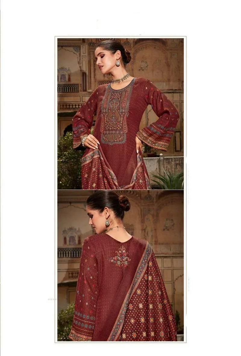 Pashmina Unstitched Rust Red Winter Wear Suits With Embroidery