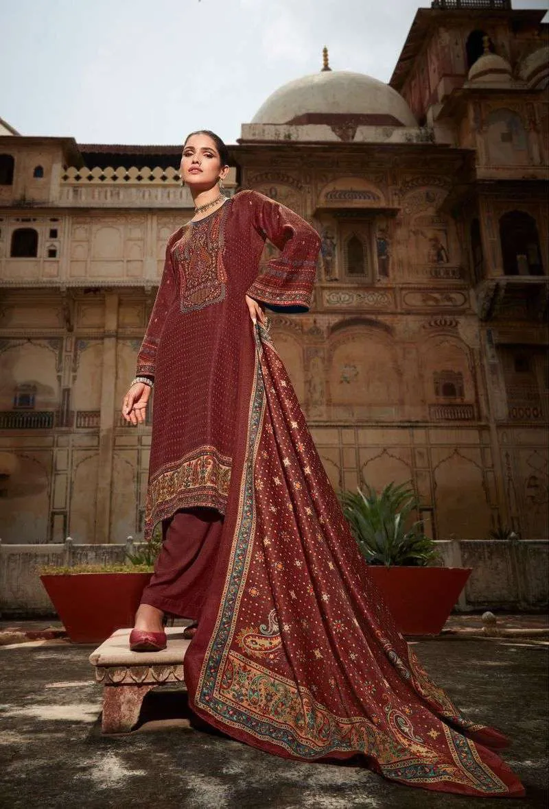 Pashmina Unstitched Rust Red Winter Wear Suits With Embroidery