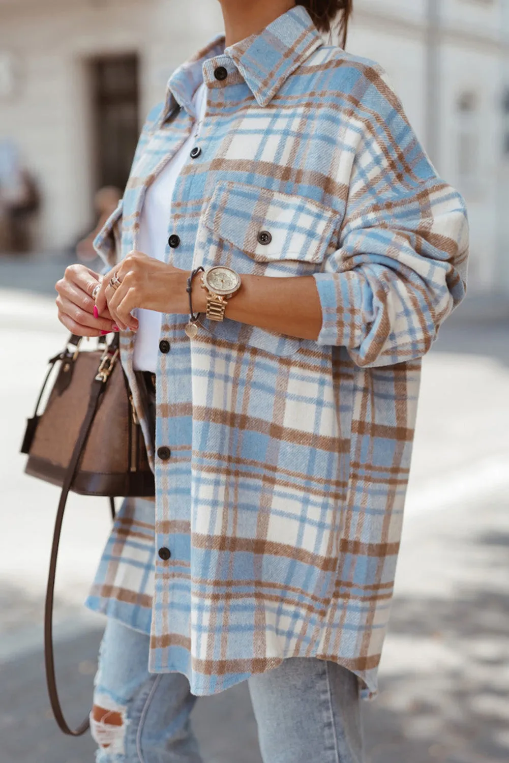 Plaid Flap Pocket Long Sleeve Shacket