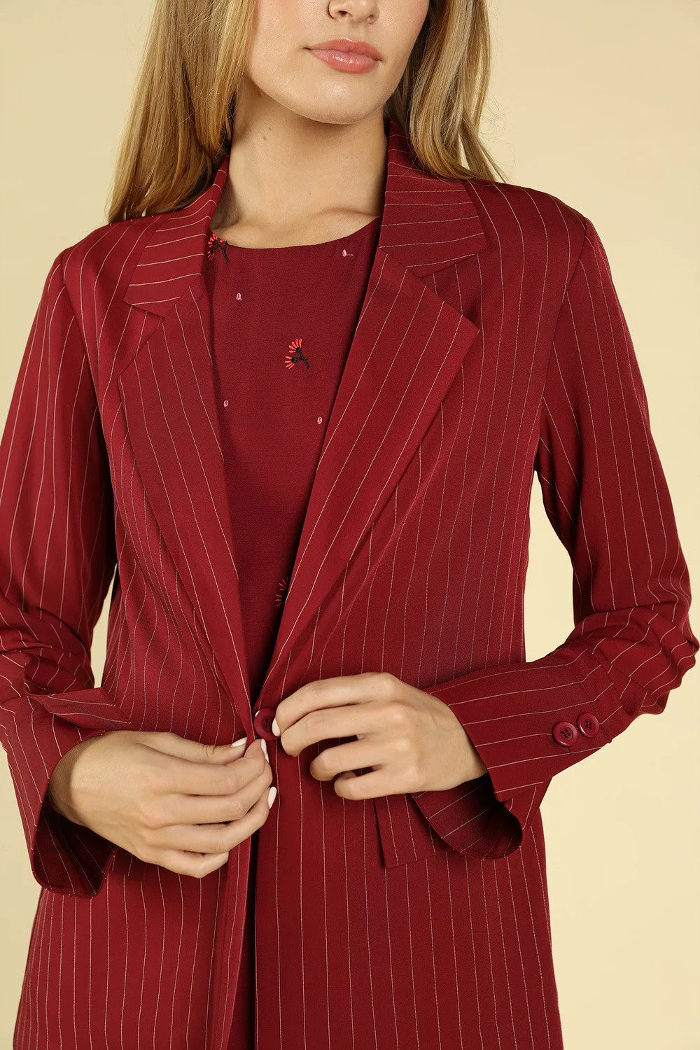 Power Hour to Happy Hour Striped Blazer, Wine