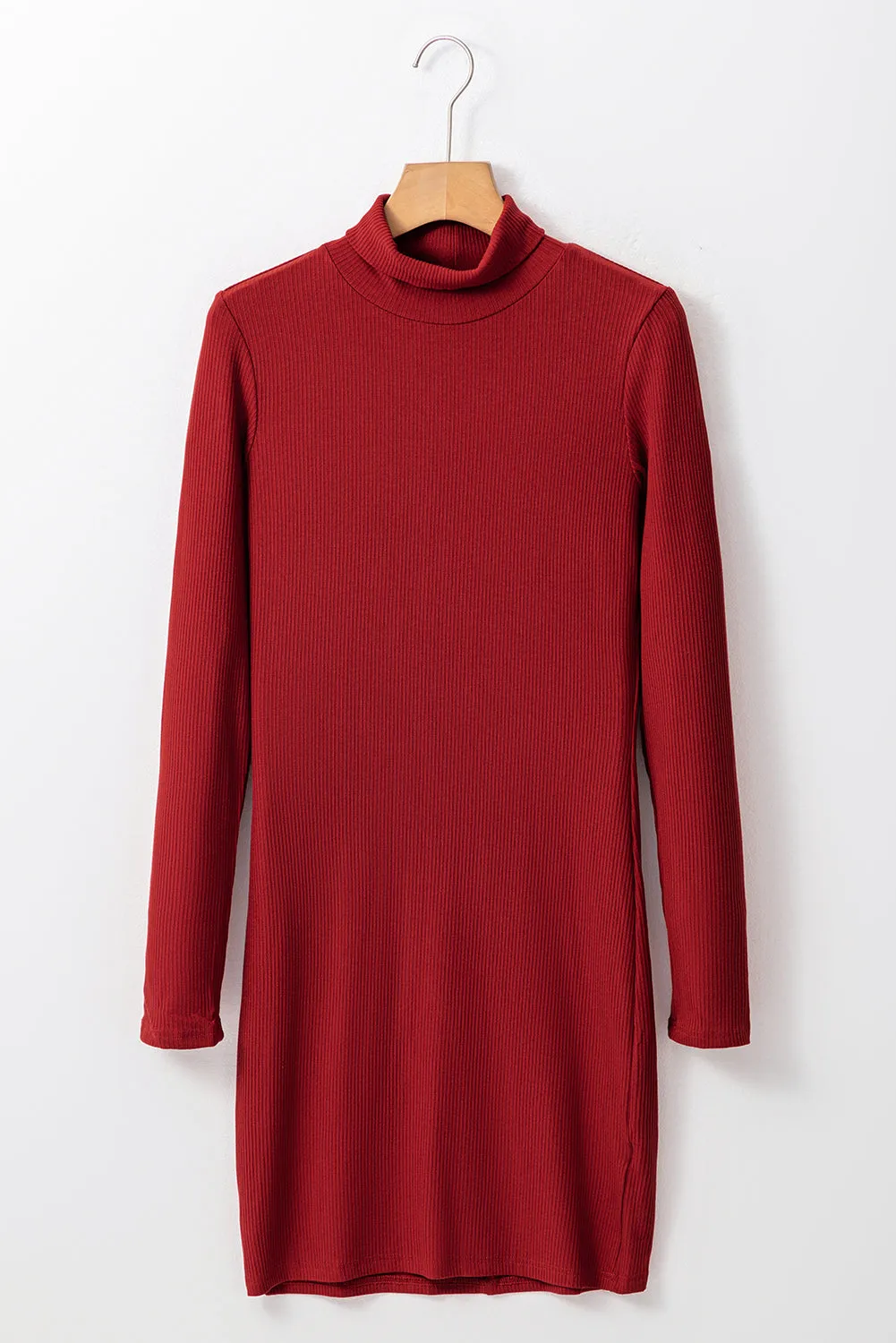 Racing Red Ribbed Knit Long Sleeve High Neck Mini Dress