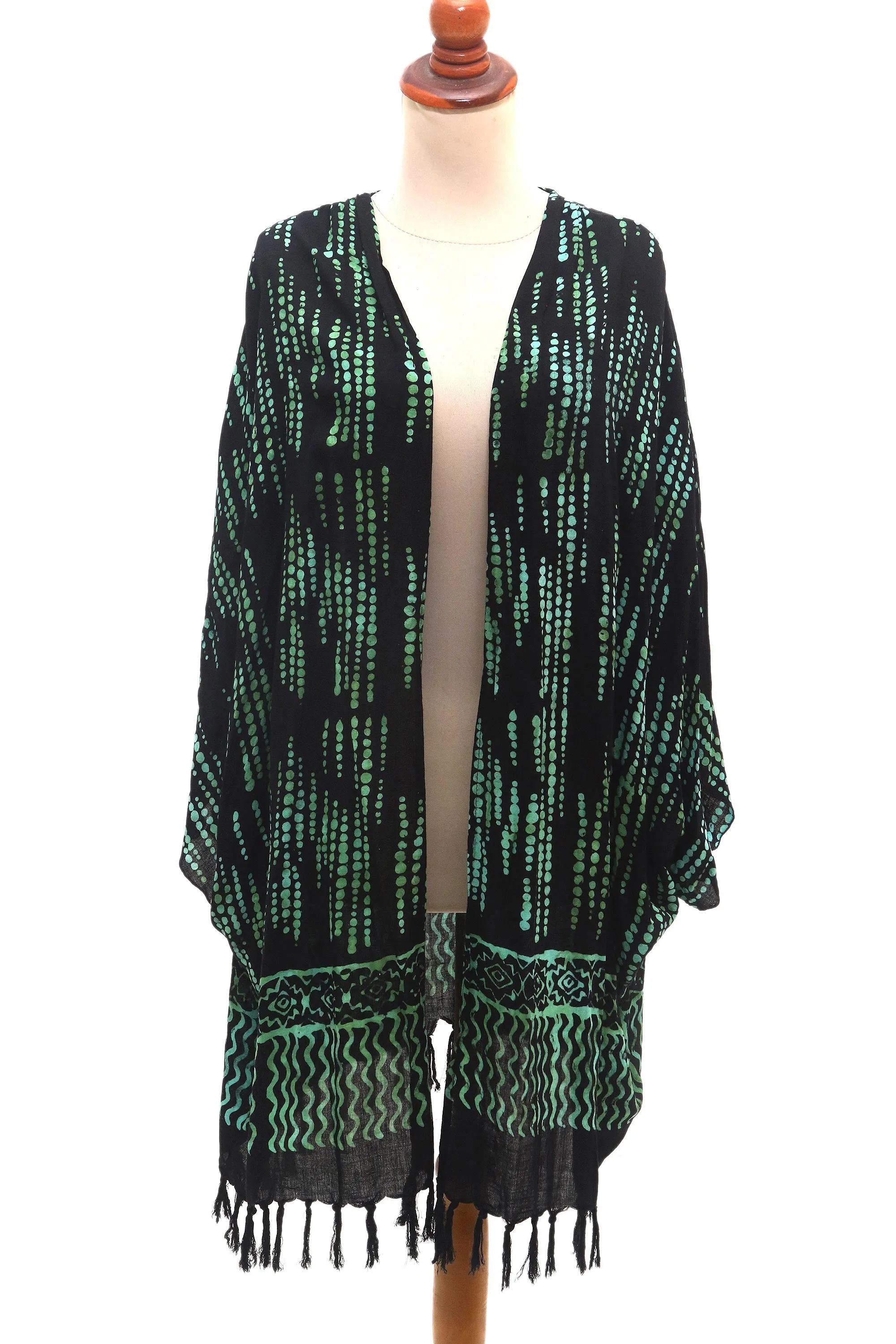 Raindrops Hand Stamped Black and Mint Rayon Batik Kimono