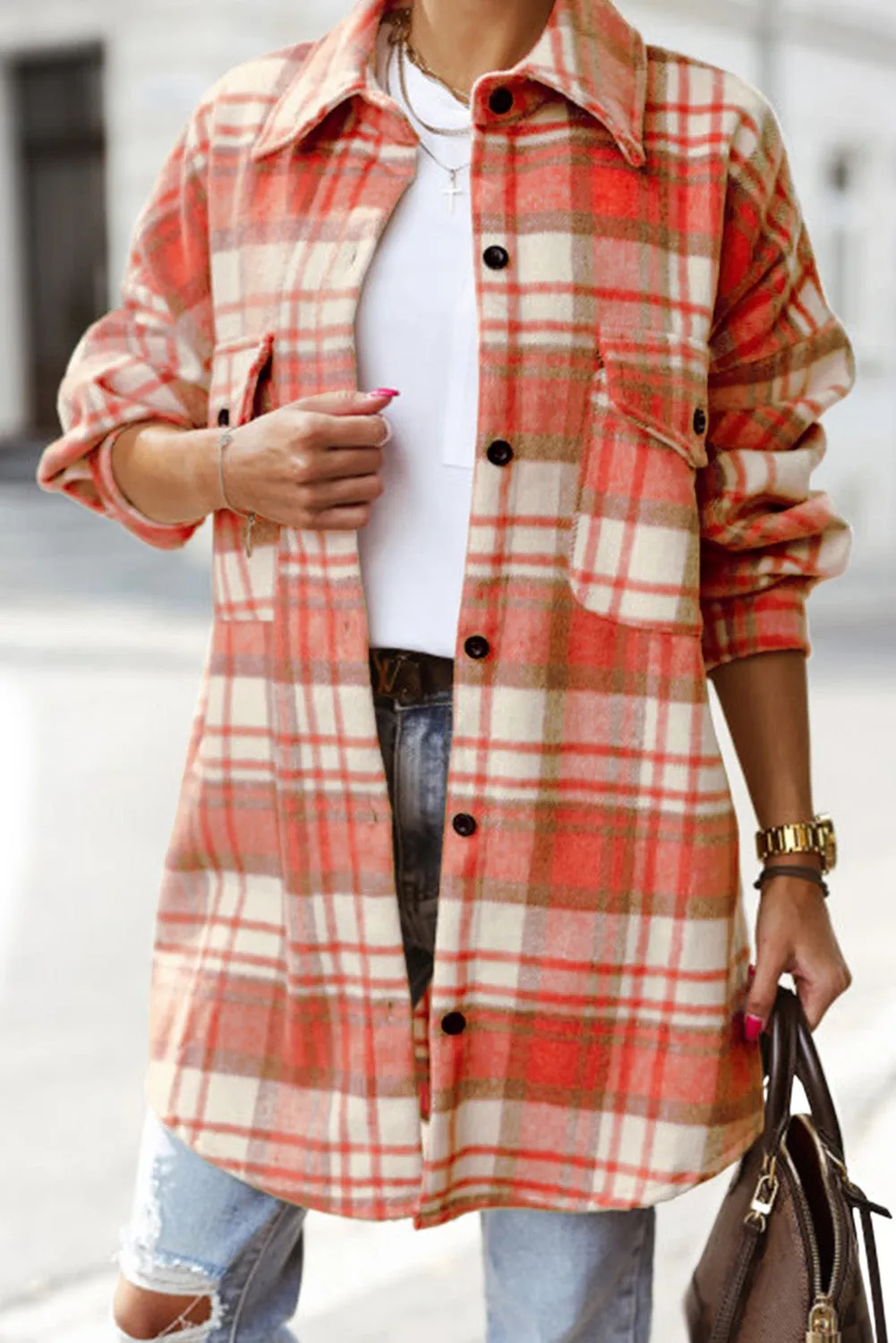 Red Plaid Flap Pocket Long Sleeve Oversized Shacket