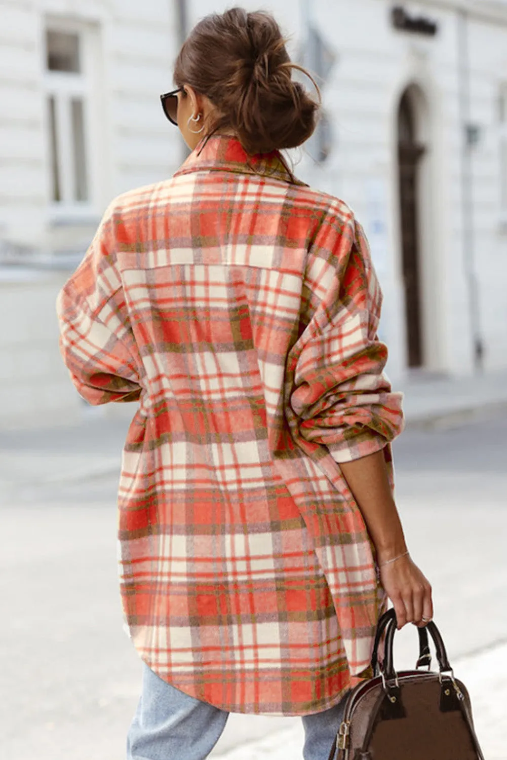 Red Plaid Flap Pocket Long Sleeve Oversized Shacket