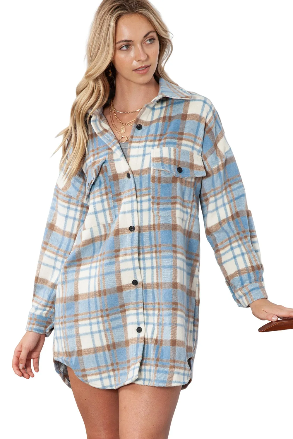 Red Plaid Flap Pocket Long Sleeve Oversized Shacket