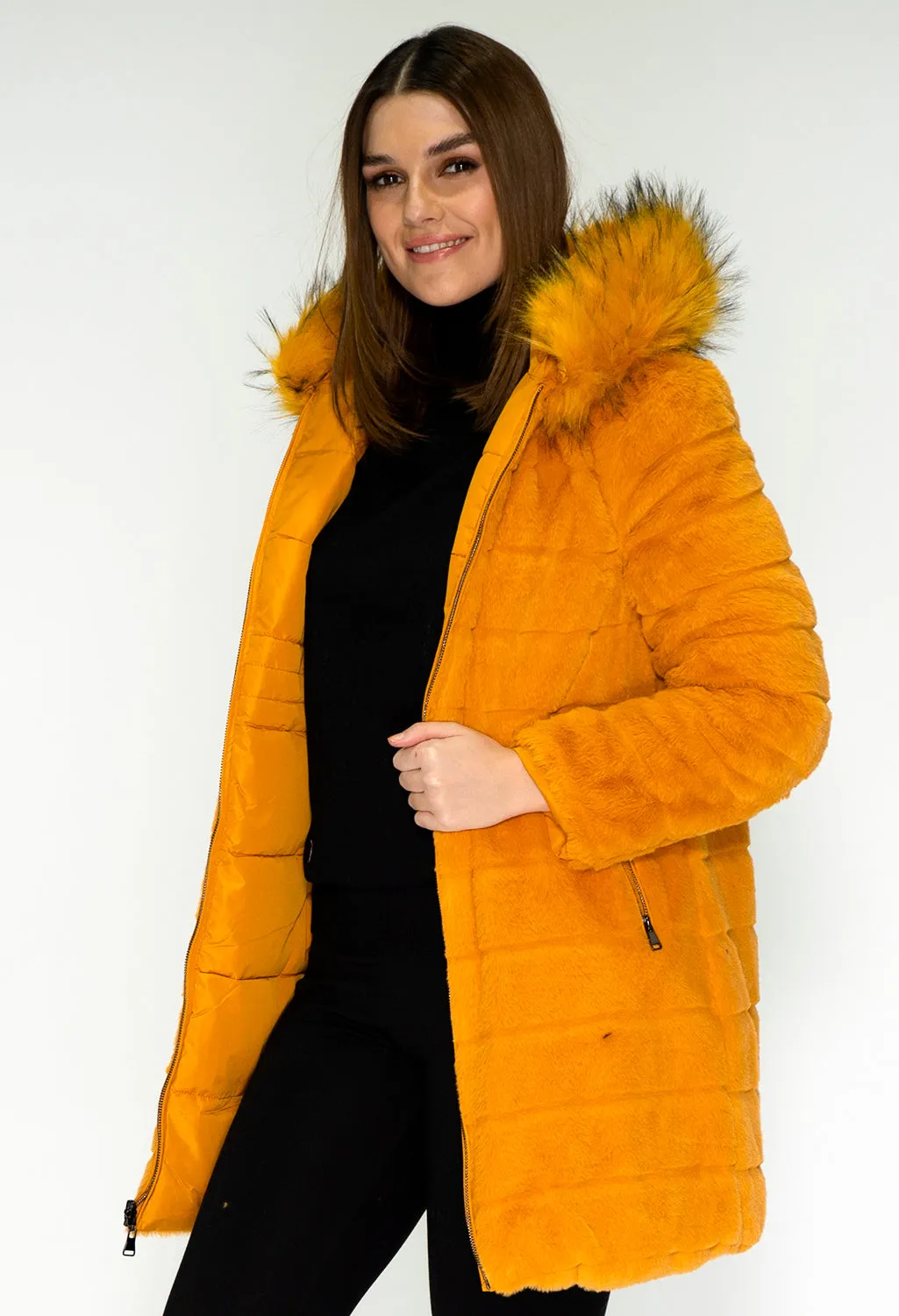 Reversible Mustard Coat with Detachable Faux Fur Hood