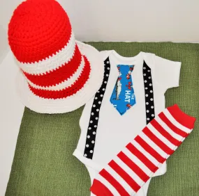 Rylo Dr. Seuss cake smash outfit, cat in the hat outfit, Dr Seuss shirt hat and baby leg warmers. Dr Deuss Photo Prop