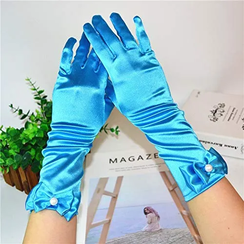 Satin Gloves Princess Dress Up Bows Gloves Long Gloves for Party(Blue)