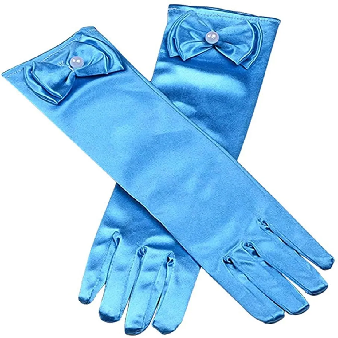 Satin Gloves Princess Dress Up Bows Gloves Long Gloves for Party(Blue)