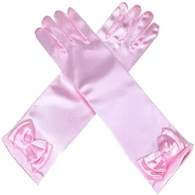 Satin Gloves Princess Dress Up Bows Gloves Long Gloves for Party(Pink)