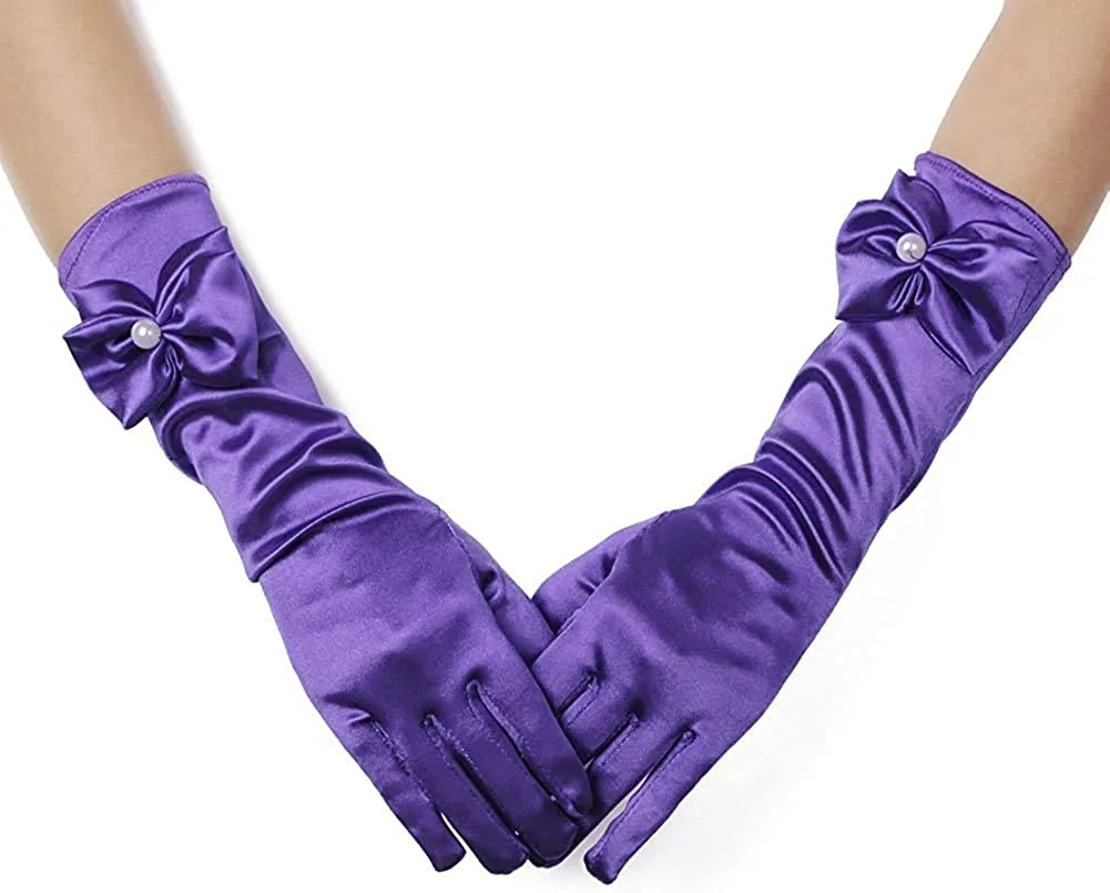 Satin Gloves Princess Dress Up Bows Gloves Long Gloves for Party(Royal Blue)