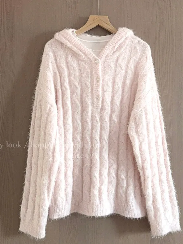 Soft Pink Age Wool Blended Sweater Hoodie