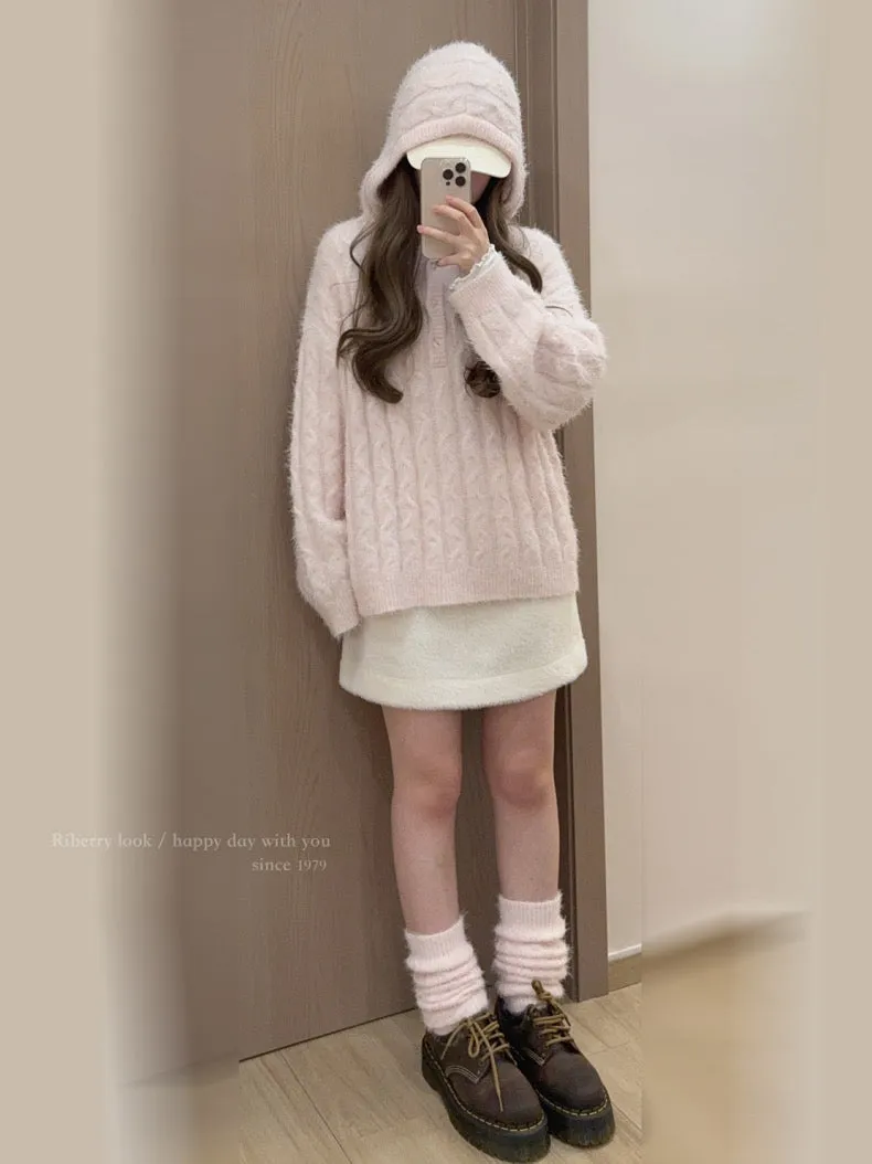 Soft Pink Age Wool Blended Sweater Hoodie