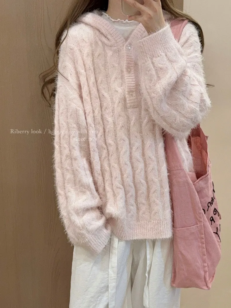 Soft Pink Age Wool Blended Sweater Hoodie