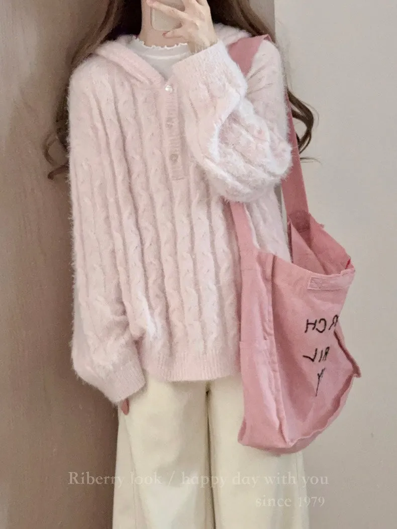 Soft Pink Age Wool Blended Sweater Hoodie