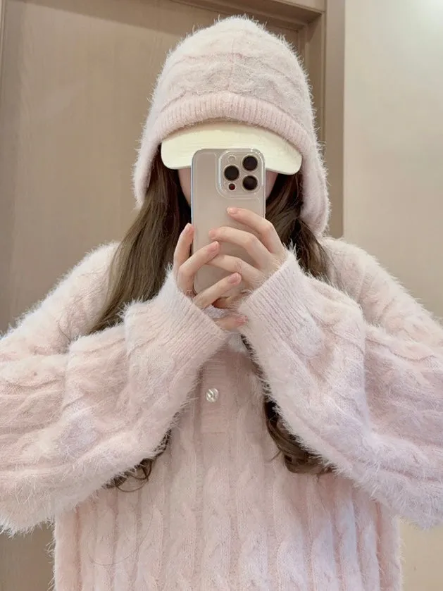 Soft Pink Age Wool Blended Sweater Hoodie