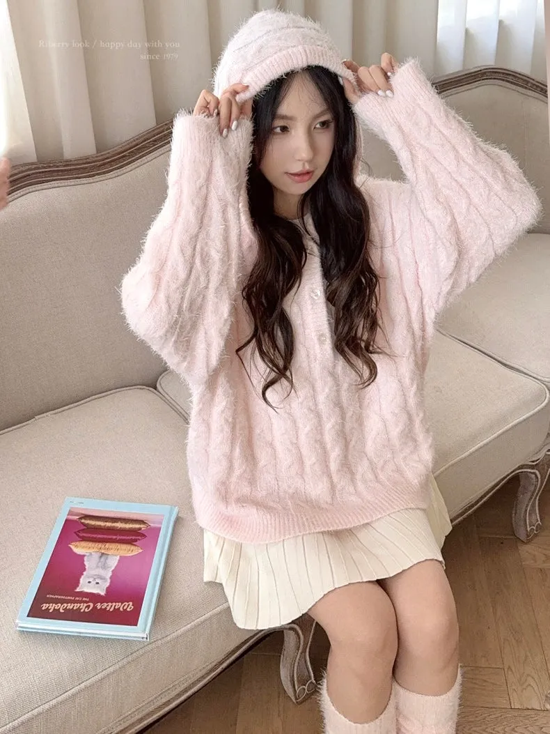 Soft Pink Age Wool Blended Sweater Hoodie