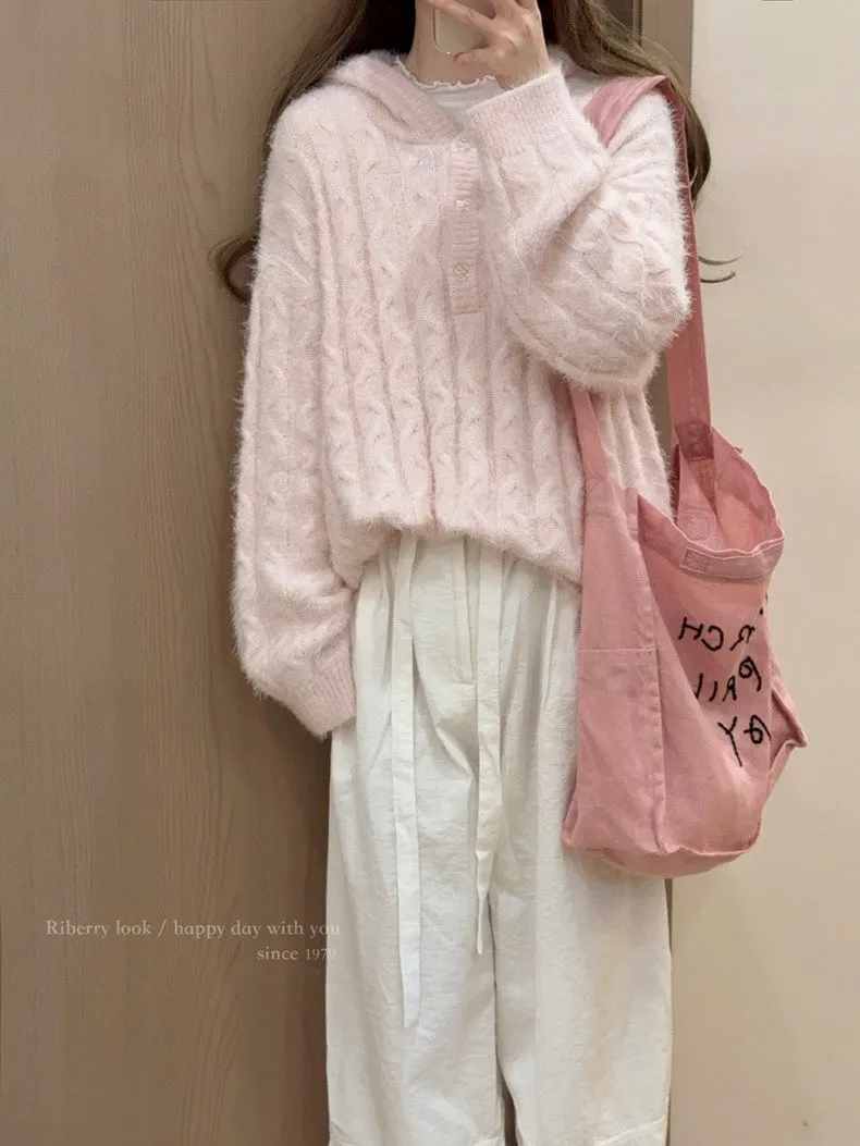 Soft Pink Age Wool Blended Sweater Hoodie