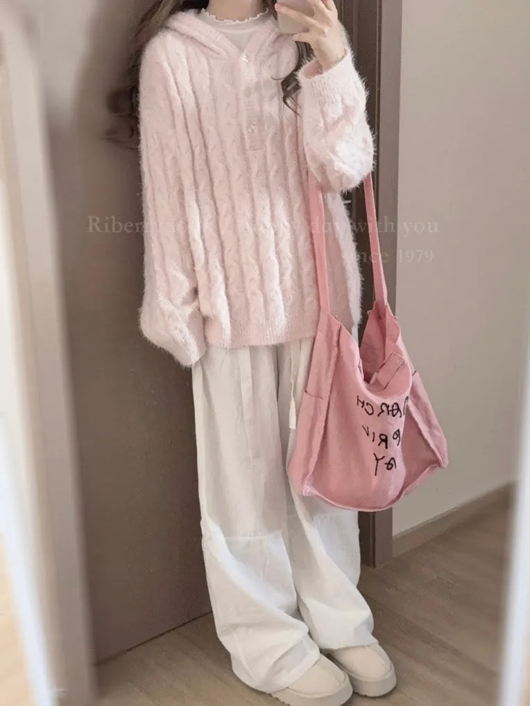 Soft Pink Age Wool Blended Sweater Hoodie