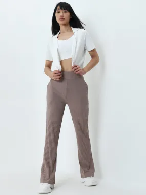 Studiofit Light Brown Ribbed High-Rise Track Pants