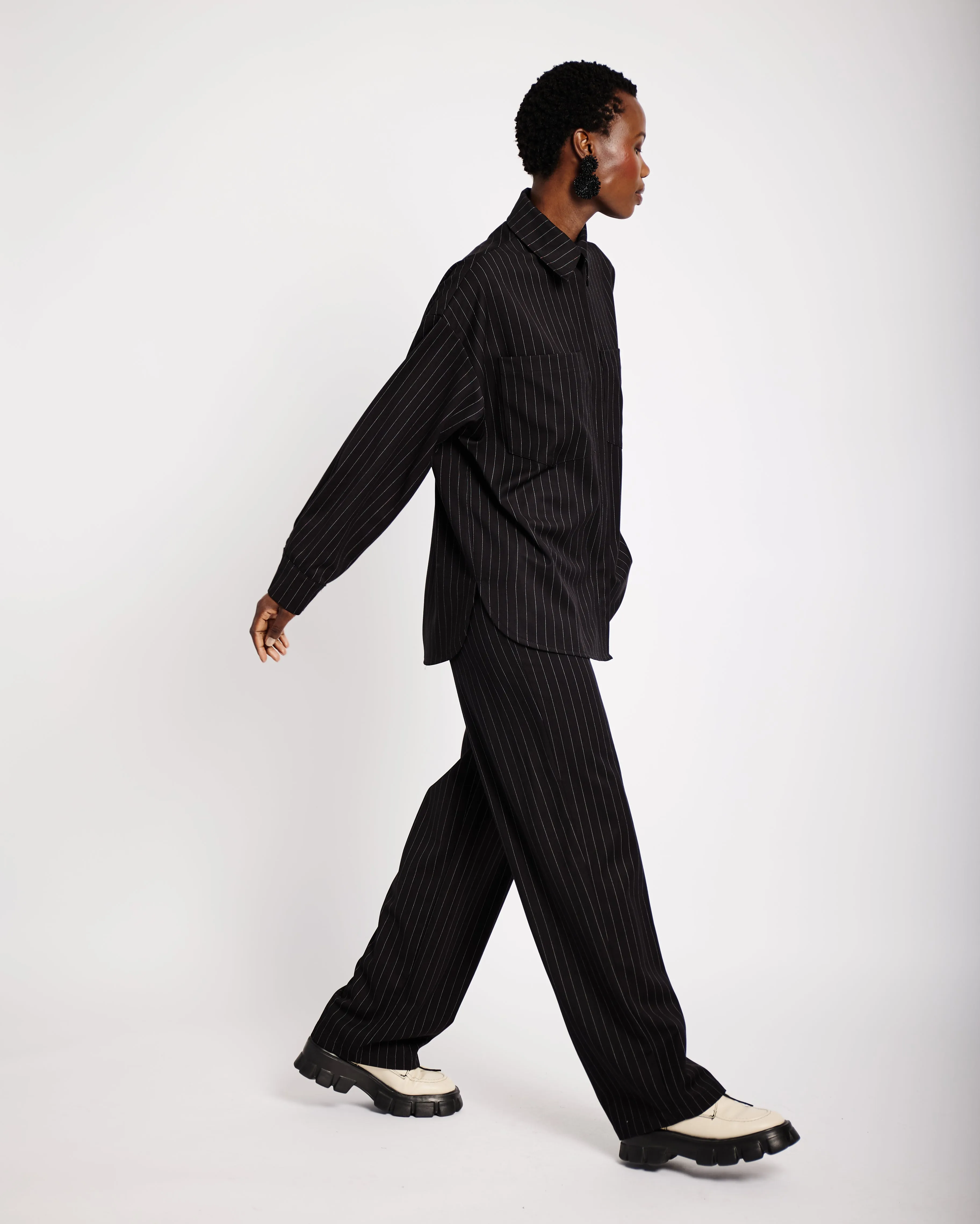 Suiting Shacket in Black Pinstripe