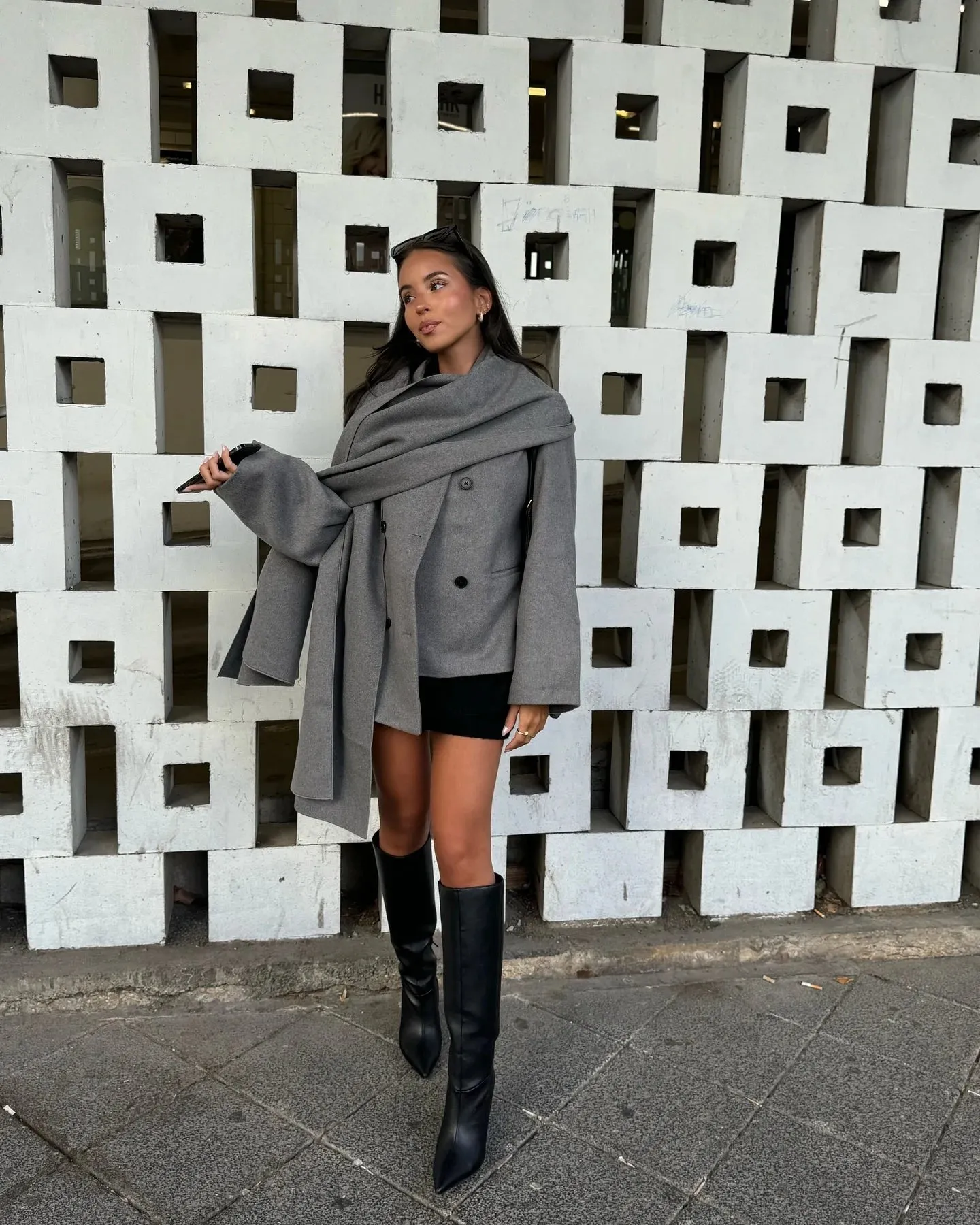 TAVIMART  -  Grey Fashion Scarf Collar Double-breasted Women's Jacket Chic Long Sleeve Pockets Woolen Coat Autumn Female Elegant Outwear