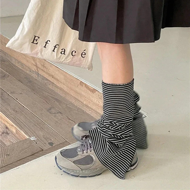 Territory Korean Harajuku Stripes Leg Warmers Teen Girl Kawaii Knee High Socks Boot Cuffs Cyber Grunge Flared Leg Warmers with Split Hem