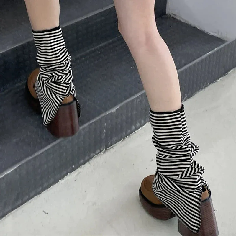 Territory Korean Harajuku Stripes Leg Warmers Teen Girl Kawaii Knee High Socks Boot Cuffs Cyber Grunge Flared Leg Warmers with Split Hem