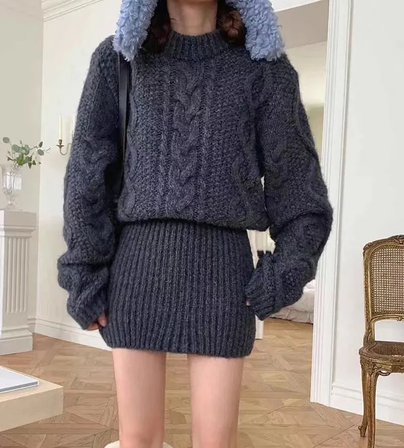 Toleet-Bodycon Knit Dress Chunky Cable-knit Long Sleeve Ribbed Mini Sweater Dress Women Autumn Winter Outfit