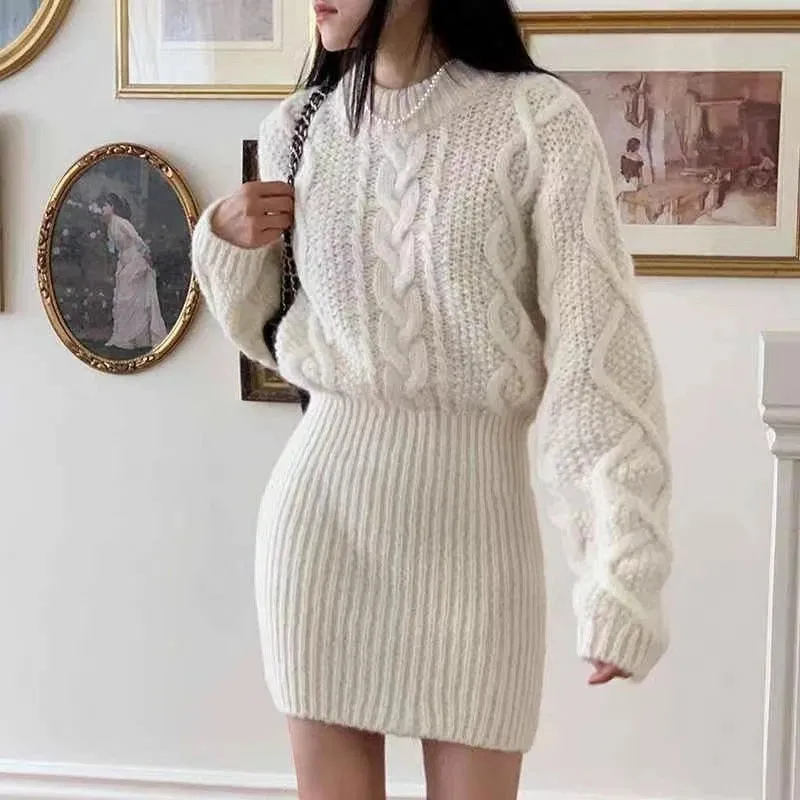 Toleet-Bodycon Knit Dress Chunky Cable-knit Long Sleeve Ribbed Mini Sweater Dress Women Autumn Winter Outfit