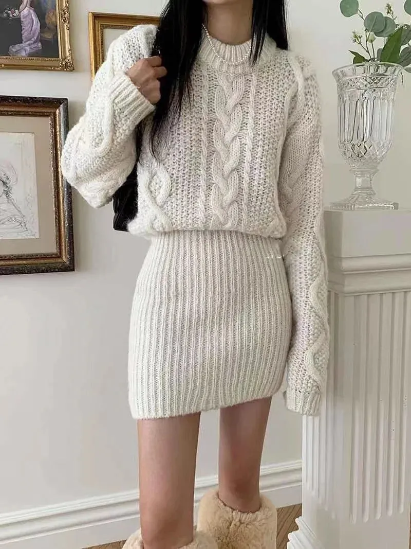 Toleet-Bodycon Knit Dress Chunky Cable-knit Long Sleeve Ribbed Mini Sweater Dress Women Autumn Winter Outfit