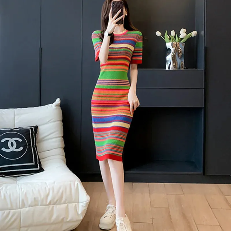 Toleet-Winter outfits Vintage Striped Knee-Length Slim Knitted Dress Women Summer Korean O-neck Bodycon Sweater Dresses Elegant Vestidos Mujer P704