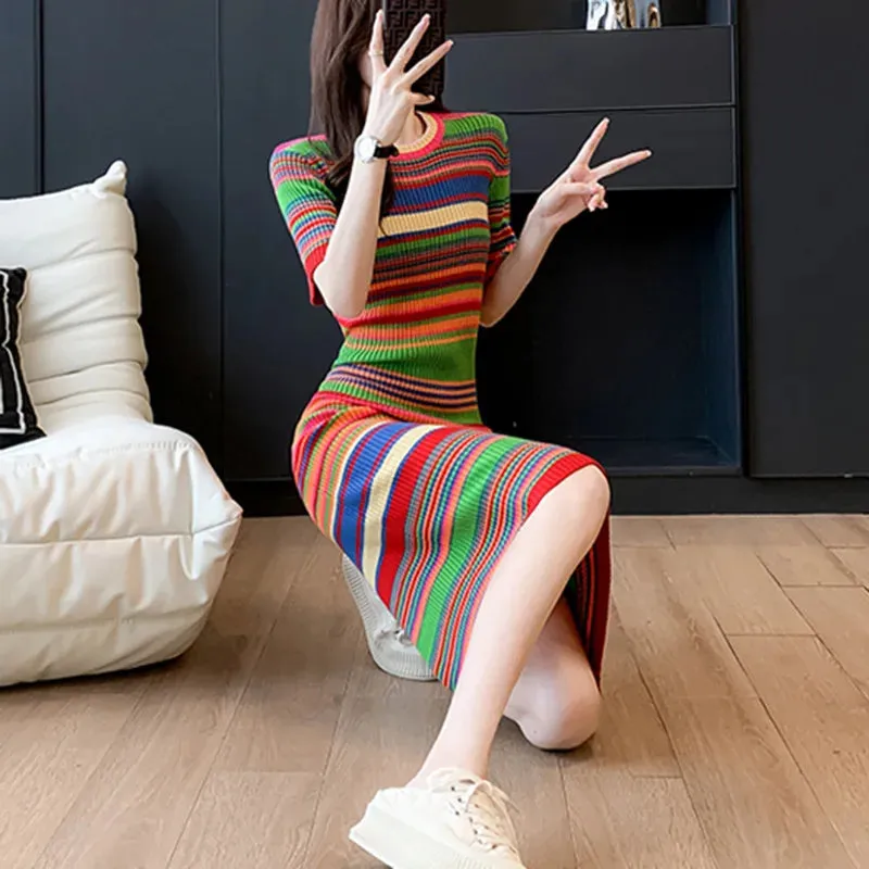 Toleet-Winter outfits Vintage Striped Knee-Length Slim Knitted Dress Women Summer Korean O-neck Bodycon Sweater Dresses Elegant Vestidos Mujer P704