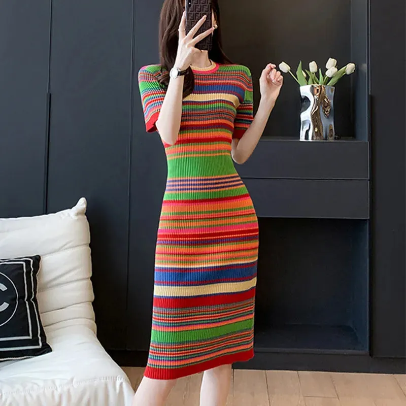 Toleet-Winter outfits Vintage Striped Knee-Length Slim Knitted Dress Women Summer Korean O-neck Bodycon Sweater Dresses Elegant Vestidos Mujer P704