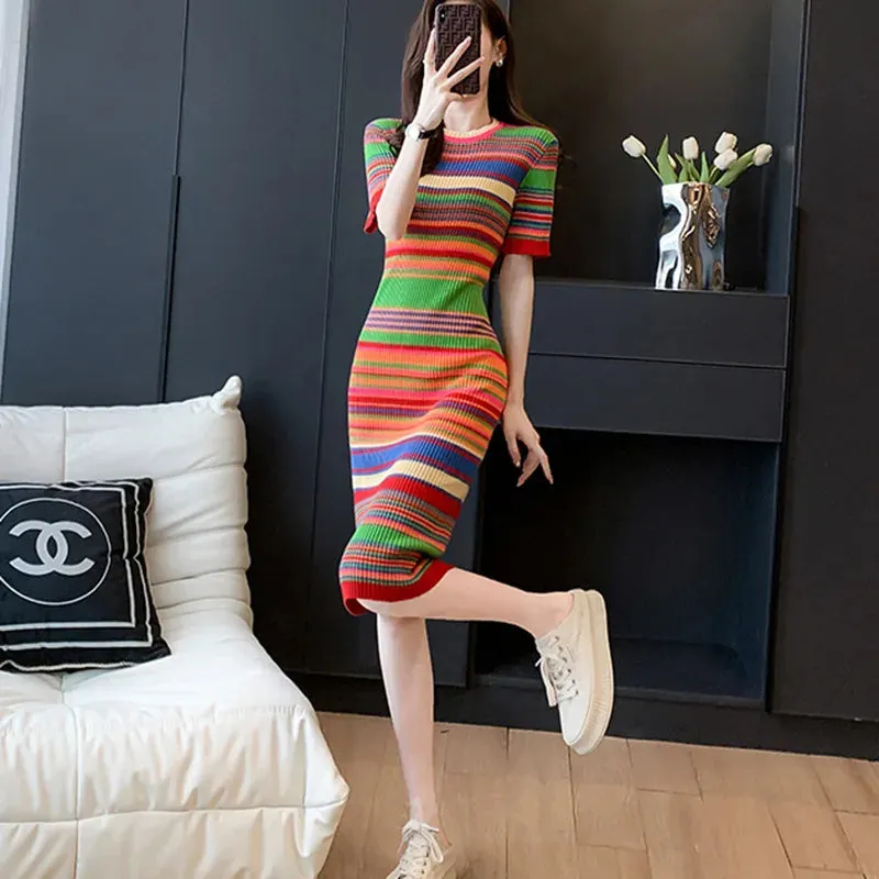 Toleet-Winter outfits Vintage Striped Knee-Length Slim Knitted Dress Women Summer Korean O-neck Bodycon Sweater Dresses Elegant Vestidos Mujer P704