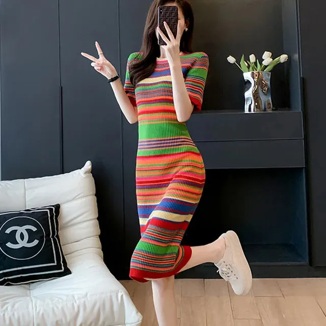 Toleet-Winter outfits Vintage Striped Knee-Length Slim Knitted Dress Women Summer Korean O-neck Bodycon Sweater Dresses Elegant Vestidos Mujer P704